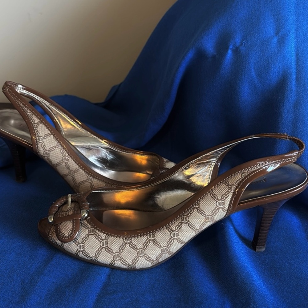ETIENNE AIGNER Open Toe Sling Back 3” Heels.  Brown & Tan monogram Pattern.